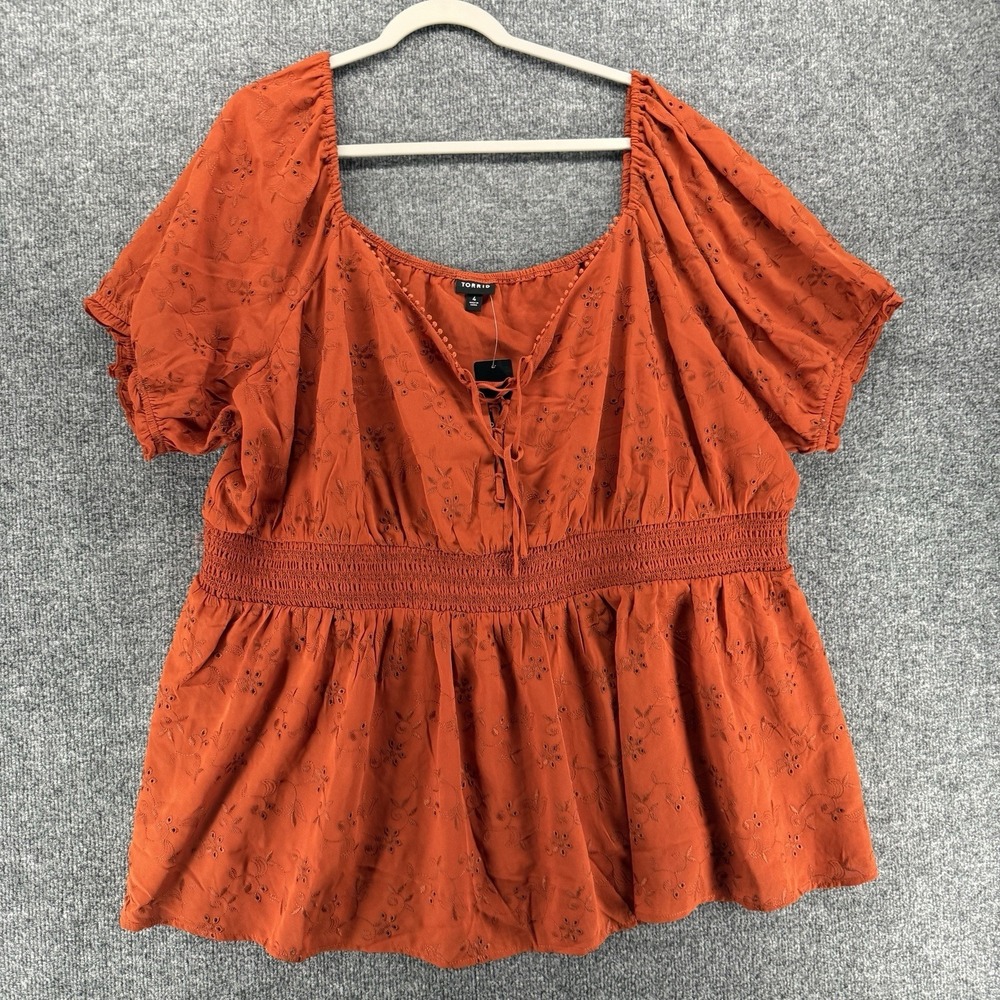 Torrid Top Womens 4X Rust Eyelet Embroidered Peasant Boho Cottagecore Prairie